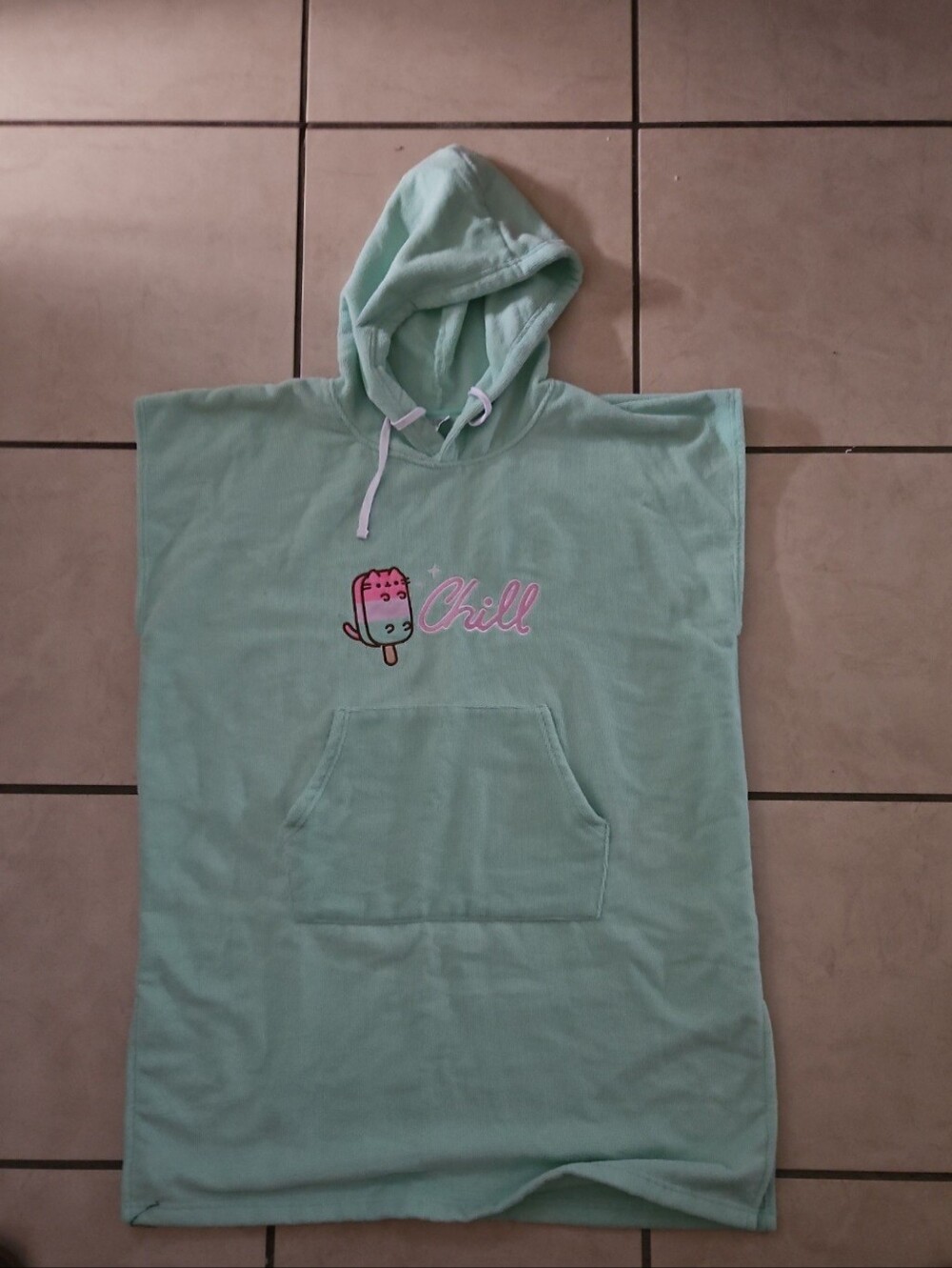 Mint Green Hoodie Poncho with 'Chill' Popsicle Graphic
